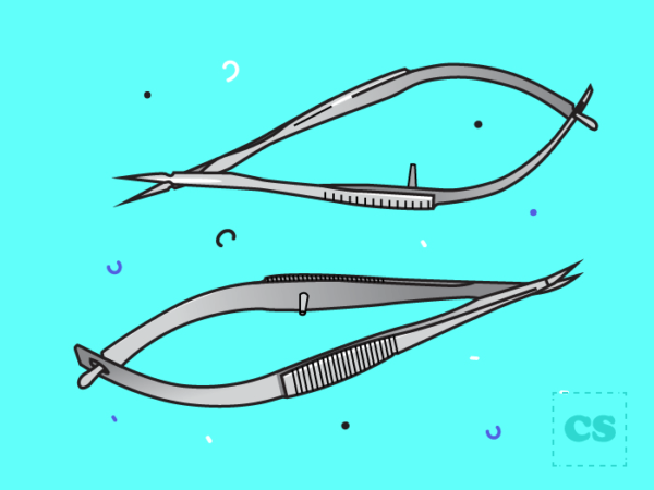 Spring forceps are small scissors used mostly in eye surgery or microsurgery. The handles end in flat springs connected with a pivot joint. The cutting action is achieved by pressing the handles together. As the pressure is released, the spring action opens the jaws.